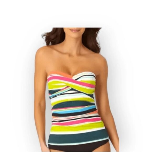 Anne Cole Liz twist front bandeau  Multicolor Blue Pink Strapless Swimsuit‎ XS - Picture 1 of 6